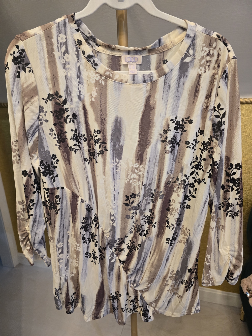 LOGO by Lori Goldstein Cream Beige Taupe Striped Floral Twist Front Top